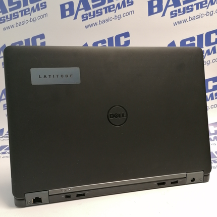 Снимка на Лаптоп втора употреба DELL Latitude E7450 - CPU i5-5300U, 8GB RAM, 128 GB SSD от задна страна в отворено положение на дисплея. Вижда се 14 инчовият корпус на дисплея, RJ-45 порт, мини дисплей порт, захранващ порт, два USB порта и HDMI порт. Лаптопа втора ръка е сниман на бял фон с надписи basic systems и www.basic-bg.com.